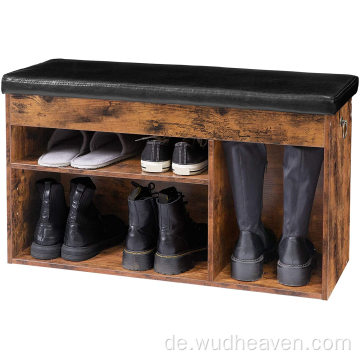 Schuhbank aus Holz mit Kissen und Schubladen